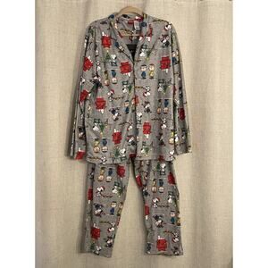 Women’s Peanuts Snoopy Woodstock Gray Flannel Christmas Pajama Set Large